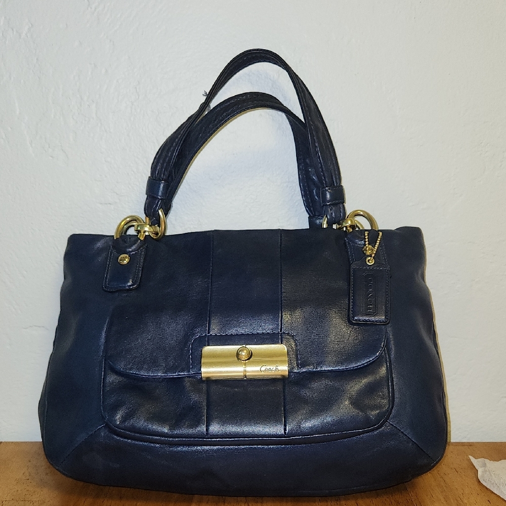 Coach Blue and Gold Shoulder Bag with Structured Design